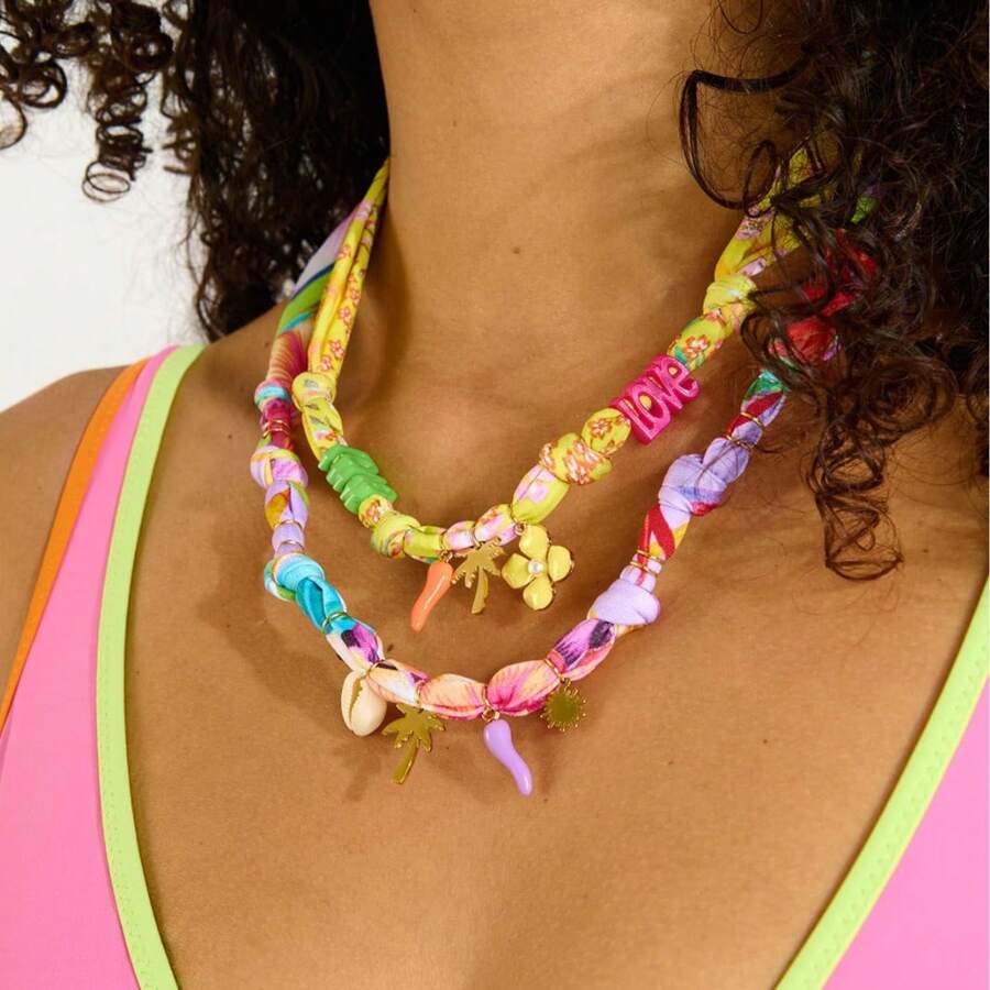 1pc Beach Vacation Leisure Style Colorful Ribbon Marine Life Tropical Flowers Palm Tree Shell Star Pendant Women's Necklace, Electroplated 18K Gold Waterproof And Sweat Proof, Suitable For Daily Wear And Use, Women's Jewelry, Women's Accessories, Suitable For Giving To Wives, Mothers, Girlfriends