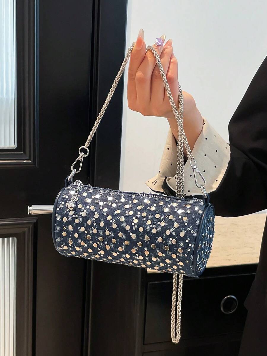 Women's Denim Studded Star Chain Bucket Bag, Elegant Lady Style Crossbody Bag For Party, Casual, Sweet Girl