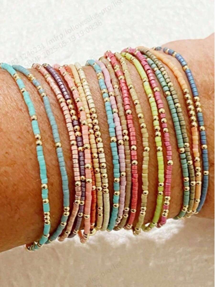 Ensemble de 19 pièces/set Bracelets d'amitié avec perles de résine multicolores bohèmes et breloques en CCB dorées