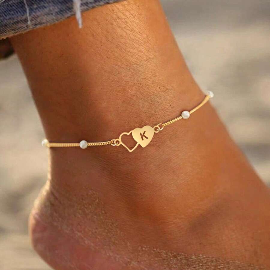 1pc Simple Classic Hollow Double Heart Initial Gold Color Stainless Steel Bead Chain Anklets For Women
