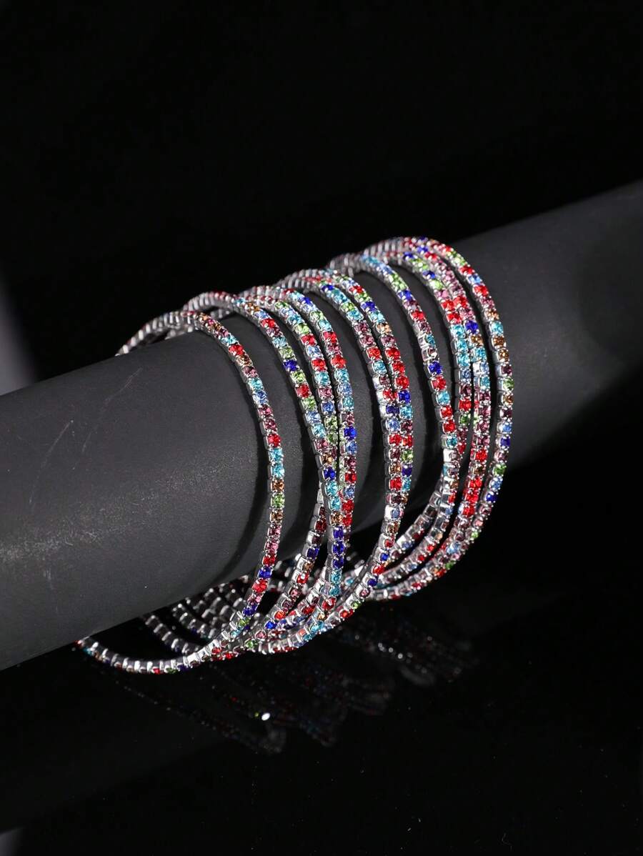 10 pièces/set Bracelet élastique à billes de cristal colorées sur un seul rang, design unique et élégant