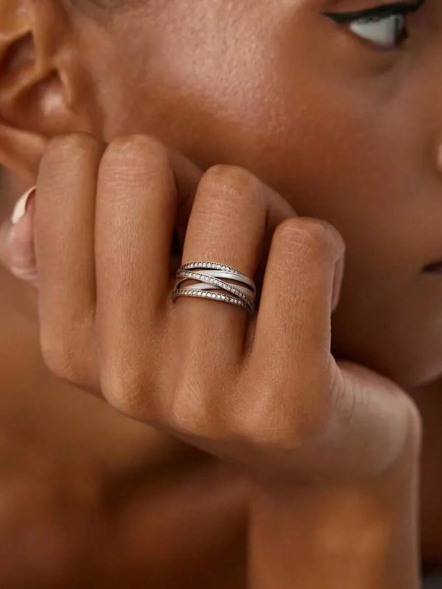 1pc Christmas Sterling Silver Multiple Interlocking Loops Shiny & Dazzling Luxurious Party Center Women's Ring, Exquisite Gift For Birthday & Christmas, Romantic Style For Women