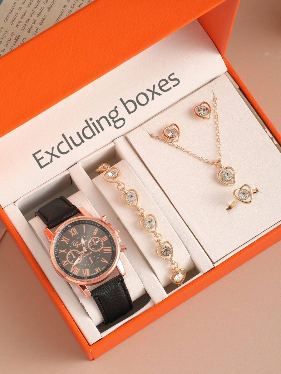 6pcs/Set - Quartz Dials And Rings, Necklaces, Earrings, Jewelry Gifts, Birthdays, Easter, Ramadan, Eid Al Adha (Packaging Box Does Not Include Pictures)