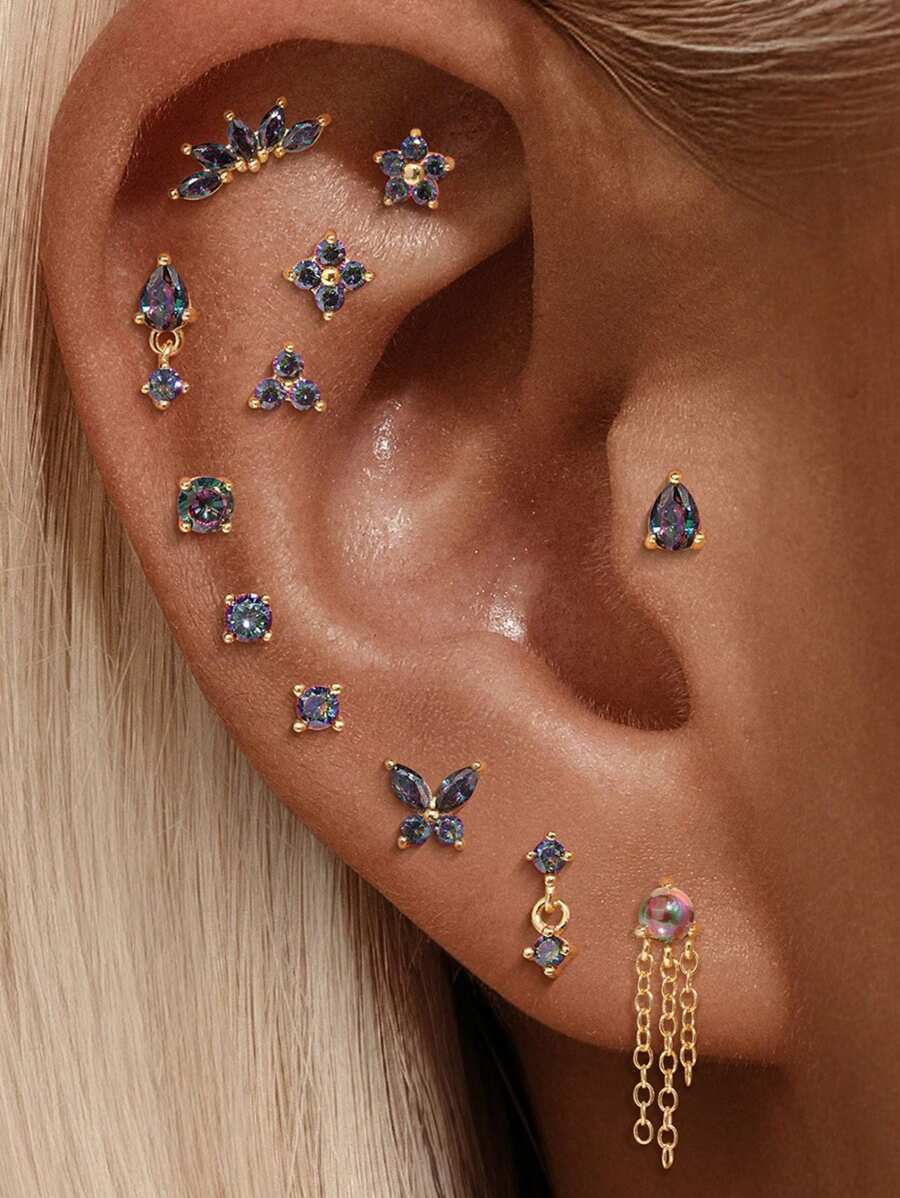 1Pc Dainty Rainbow Stone 925 Sterling Silver Earring For Women Flat Back Earring Minimalist Jewelry Helix Cartilage Gift For Her Wedding Party Fine Jewelry