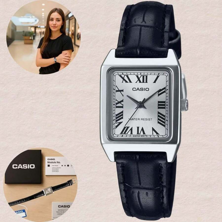 Casio Relógio Casio LTP-V007L-7B1 Feminino Quadrado Analógico Quartzo Caixa Prateada Pulseira Couro Clássico Casual Elegante Prova D'água 3 ATM
