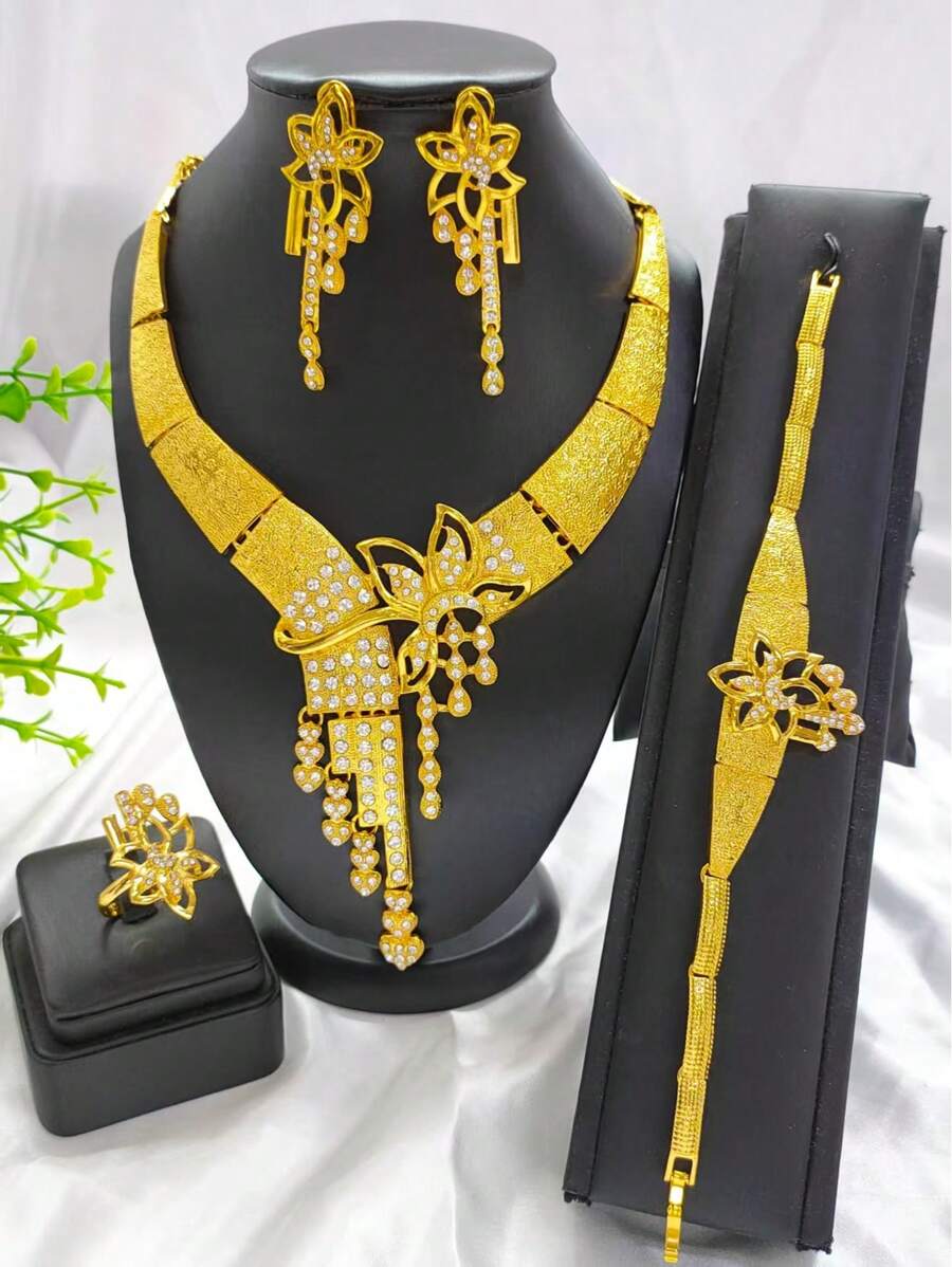 4 pièces Set de bijoux pour femmes avec strass - Collier, Boucles d'oreilles, Bracelet, Bague - Accessoires élégants pour mariage, fête, anniversaire, festival, port quotidien, idéal pour les mariées européennes, africaines, du Moyen-Orient et de Dubaï