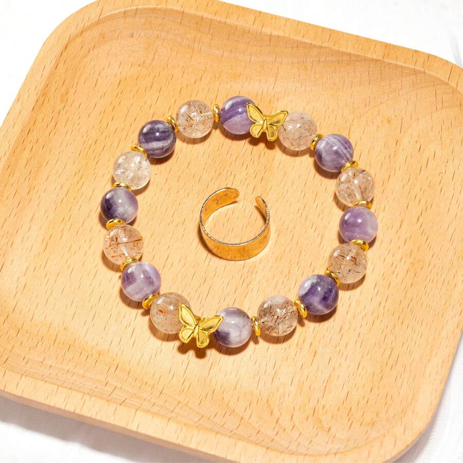 2 Pcs/Set Ring & Bracelet, Adjustable Ring For Women, High Quality Natural Purple Crystals Bracelets With Golden Butterfly Pendant, 10mm Beads Jewelrys For Travel Wear By Women, Best Friend Gift