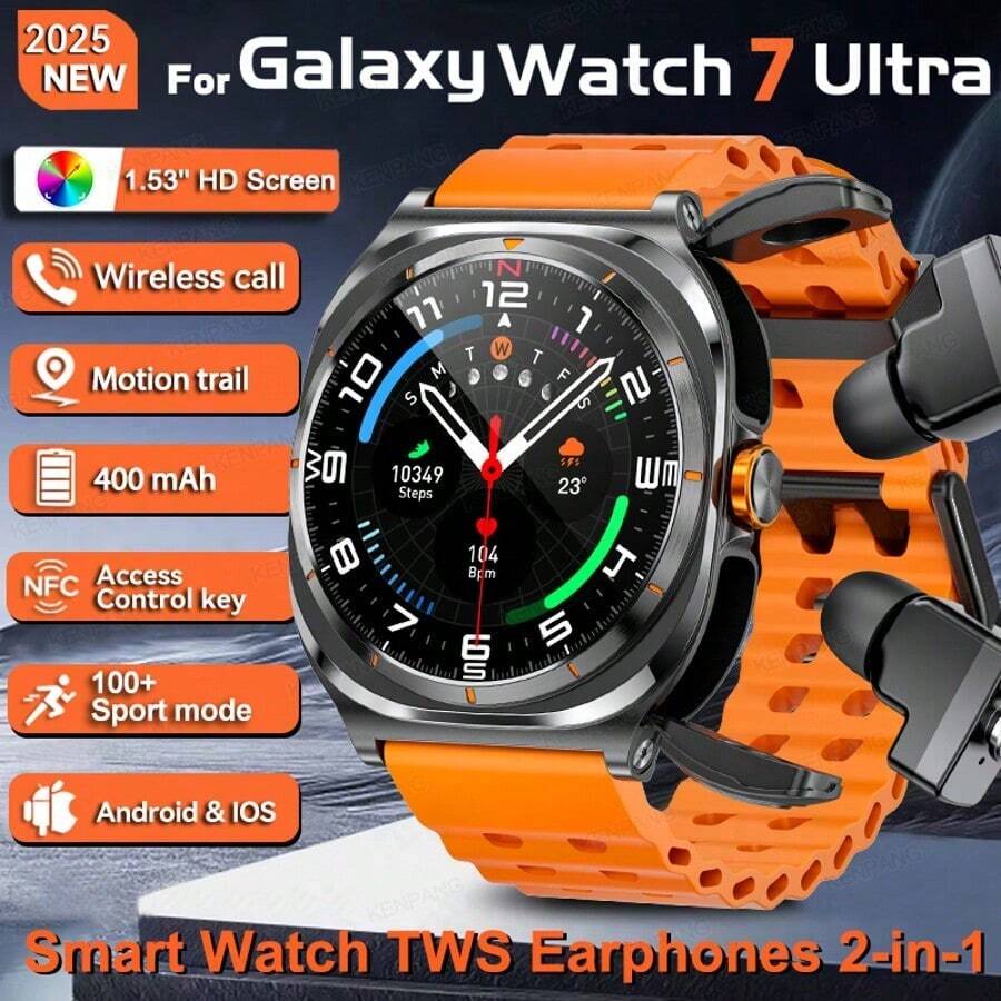 2025 New Headset 2-In-1 Smart Watch Is The Same For Men And Women, With Wireless Earplug Hifi Sound Effect, 1.53-Inch HD Screen, Bluetooth Call,NFC Control, 100+ Sports Mode, Fitness Tracker Sports Music Watch Compatible With I0S Android For Watch 7 ULTRA