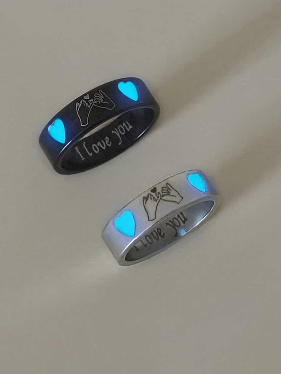 ATLVXJL 2 pièces/lot Ensemble d'anneaux en forme de cœur en acier inoxydable phosphorescent, style couple/amis, bijoux casual pour le port quotidien et cadeaux romantiques