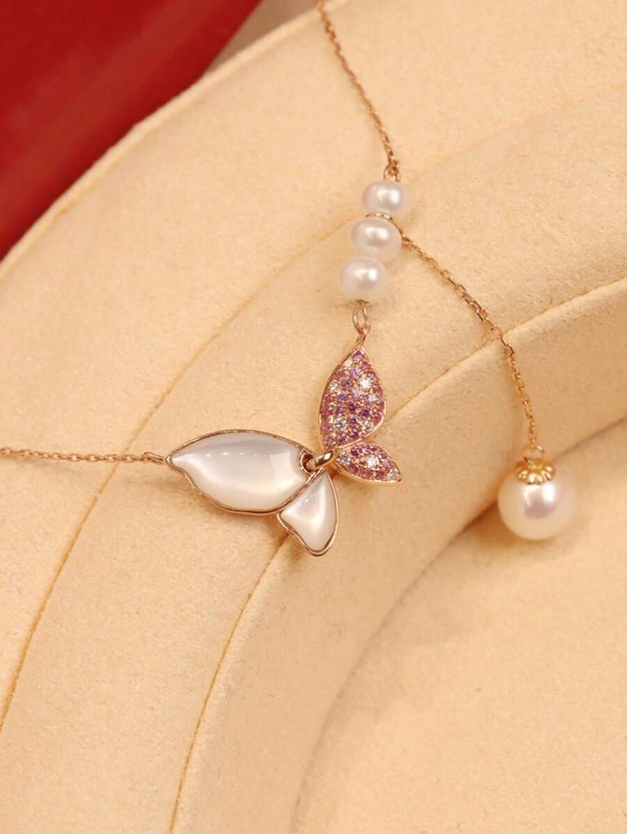 1 buc colier cu pandantiv din argint sterlin S925 cu perle fluture și zirconiu, stil elegant și vintage, potrivit pentru purtarea zilnică a femeilor și ca cadou de sărbători/petrecere