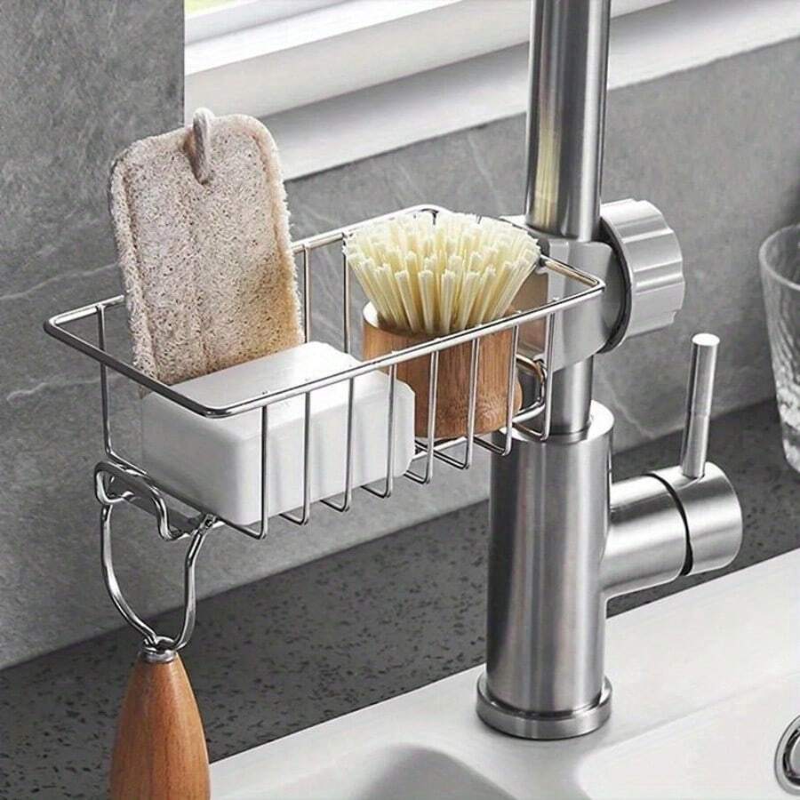 1 pièce Nouveau porte-savon de robinet d'évier de cuisine en acier inoxydable, étagère réglable en hauteur pour rangement d'éponge et de serviette près de l'évier