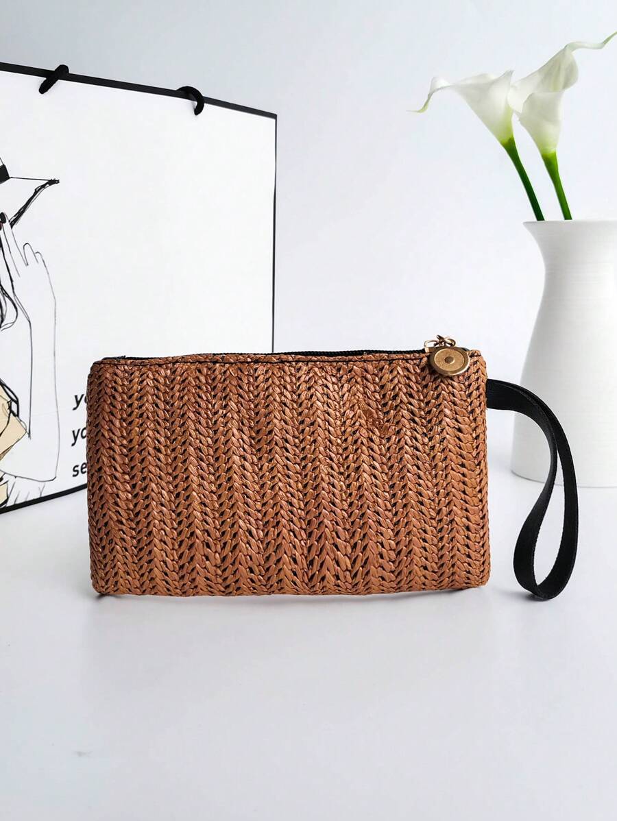 Women's Brown Woven Bohemian Style Clutch Bag, Suitable For Vacation