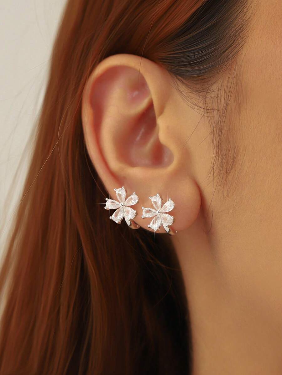 2pcs Minimalist Five-Petal Flower Ear Studs With Zirconia, Elegant & Versatile Earrings For Women