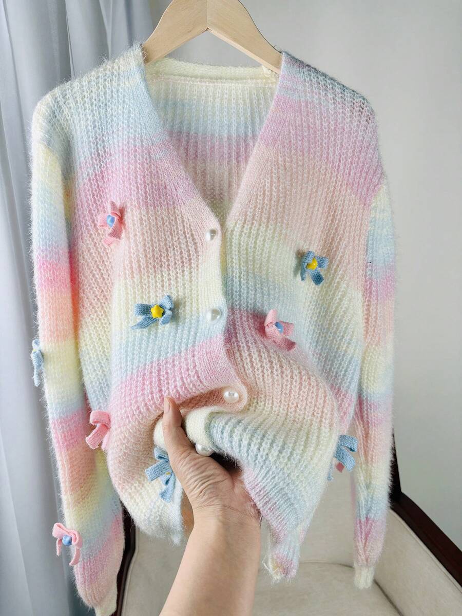 Chaqueta de punto con lazo arcoíris corto hecho a mano y esponjoso para mujer, para otoño/invierno de la marca Wixra
