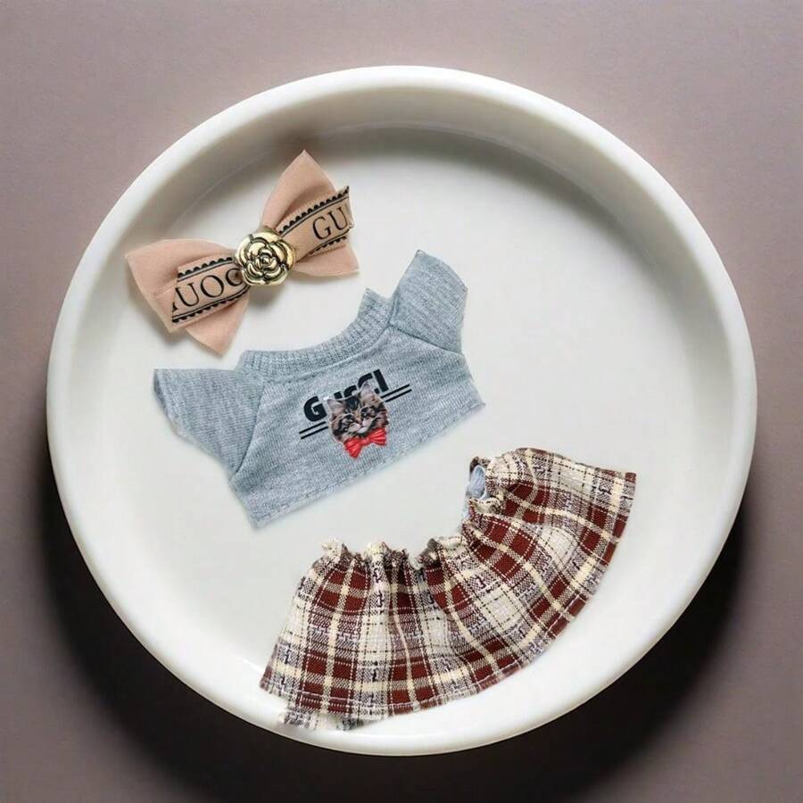 LABOBO Unisex 1st And 2nd Generation Cat Themed T-Shirt + Plaid Skirt + Hoodie 3pcs Set Blind Box Collectibles