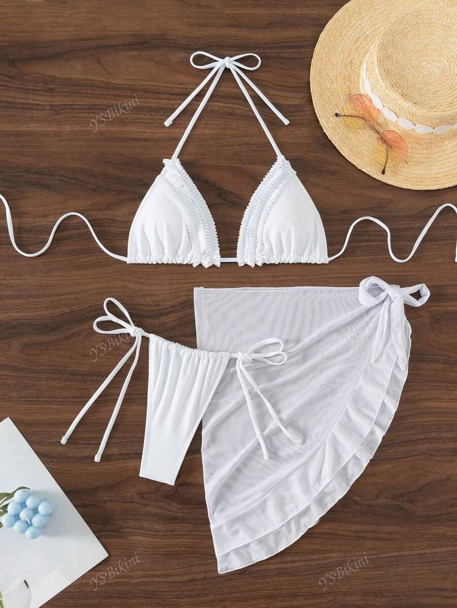 Women's Solid White Ruffled Halter Swimsuit, Triangle Bikini Bottom, Swimsuit Cover Up Skirt 3pcs Set, Beach Vacation Swimwear