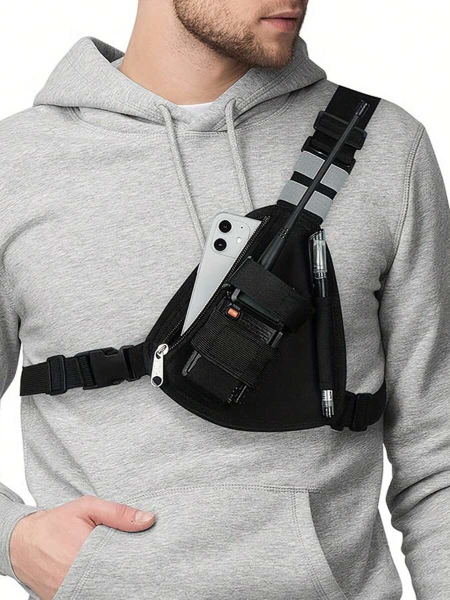 1pc Walkie-Talkie Men's Black Triangle Chest Bag Multifunctional Portable Crossbody Bag For Outdoor Men's Chest Bag Multifunctional Cycling Crossbody Bag Mountaineering Hanging Bag Shoulder Bag Sports Bag