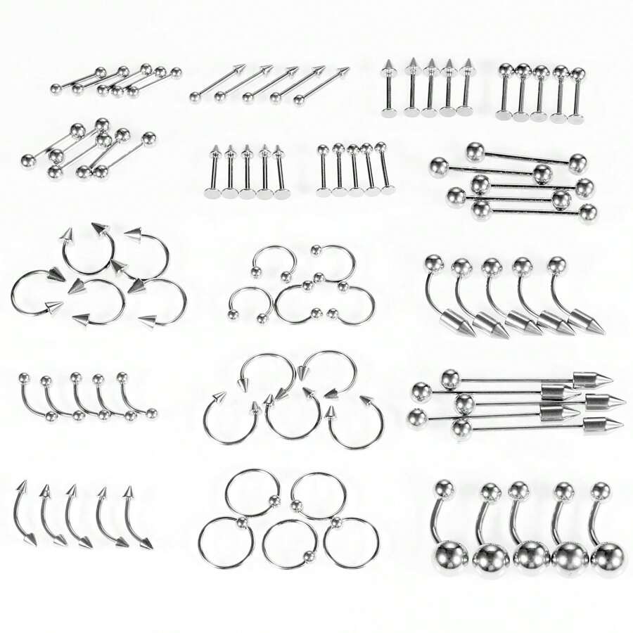 Juego de 85 piezas: aros de ombligo, anillos de nariz de herradura, pendientes, joyas de perforación corporal unisex que incluyen aros de nariz largos simples de acero inoxidable, aretes para cejas y labios