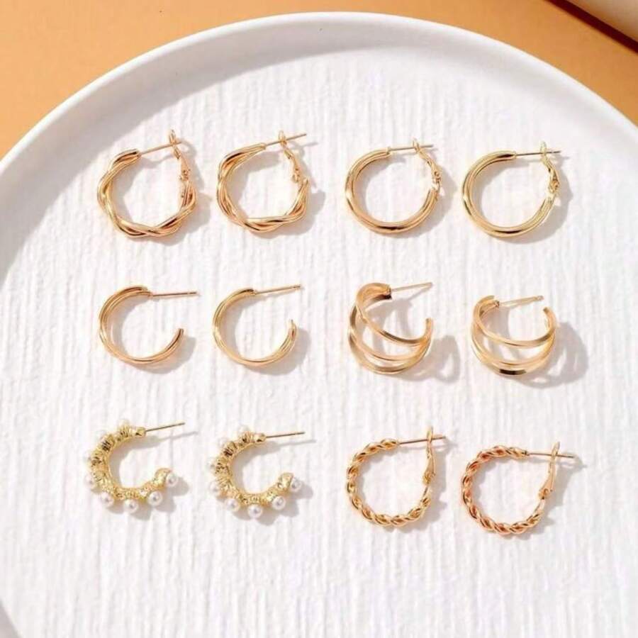 Conjunto de 12 brincos de pérola geométrica em forma de C em liga metálica elegante