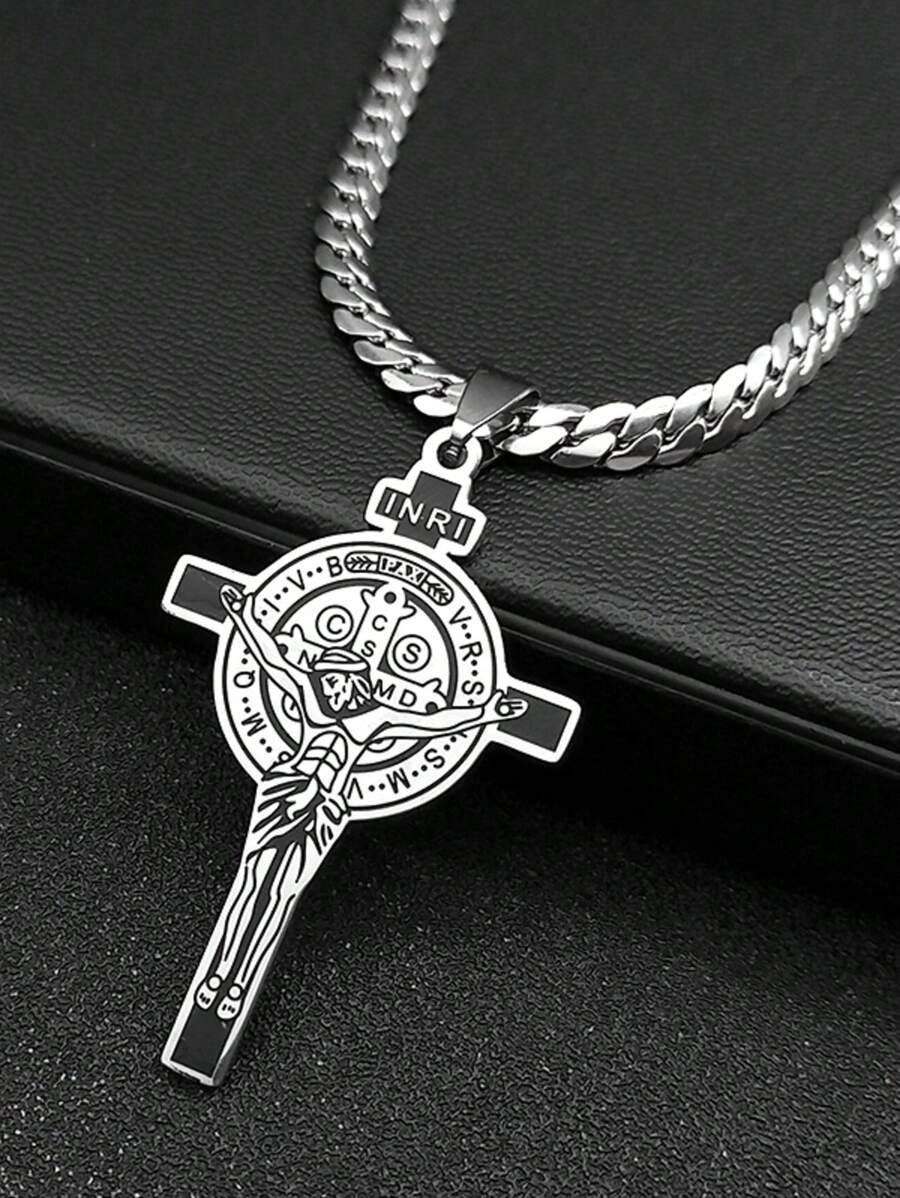 Colar com pingente de cruz cristã de Jesus CSPB INRI para mulheres e homens, corrente religiosa de aço inoxidável de São Bento