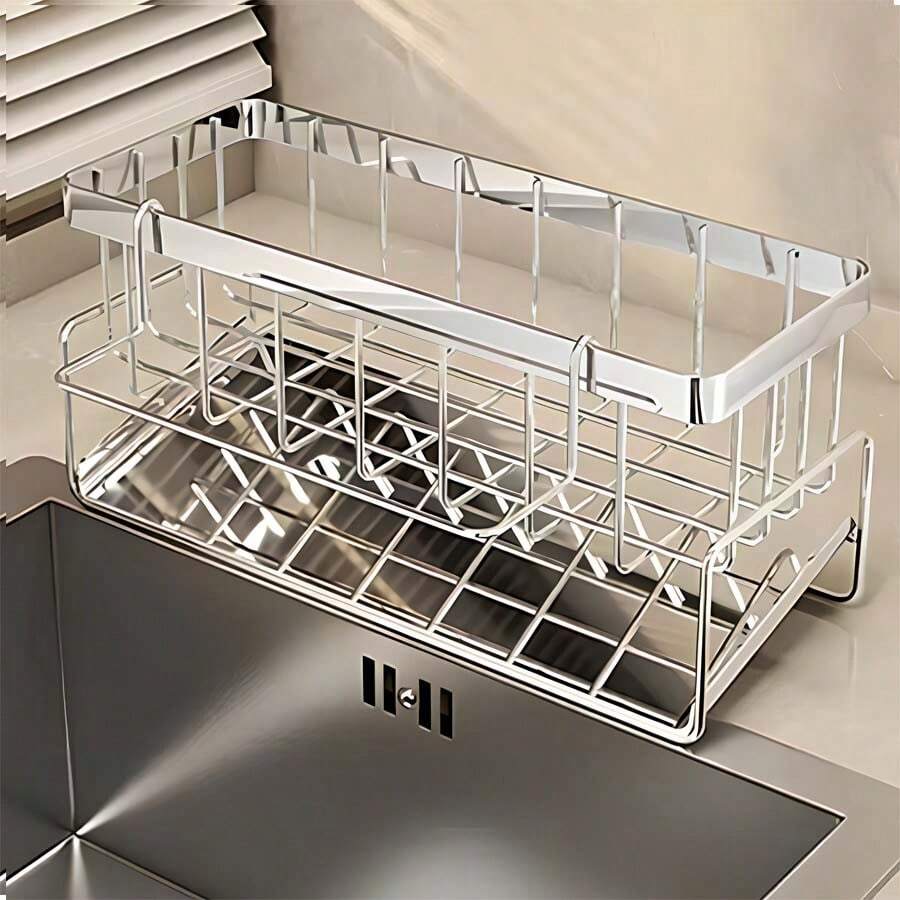 1 pièce Rangement pour évier de cuisine avec porte-serviettes et plateau d'égouttage automatique, support pour éponge. Organiseur et rangement pour évier de cuisine en acier au carbone anti-rouille. Accessoires d'évier de cuisine.