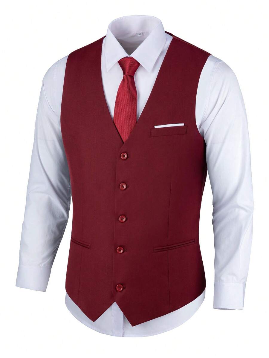 Gilet da uomo da abito formale con tasche, tinta unita, per affari, feste, matrimoni, colore bordeaux, taglie dalla XS alla 3XL