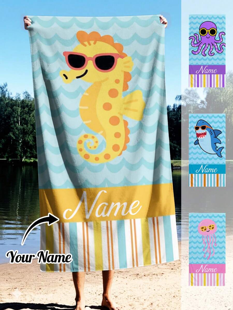 1 Stück personalisiertes Strand-Handtuch mit Meeres-Motiv, lustiges cartoon-artiges niedliches Meer-Thema (Seepferdchen/Hai/Oktopus/Qualle), helles und fröhliches Design, großzügige Größe für Komfort, ideal für Strandtage, Pool-Partys, einzigartiges Geschenk um deinen Sommer zu personalisieren