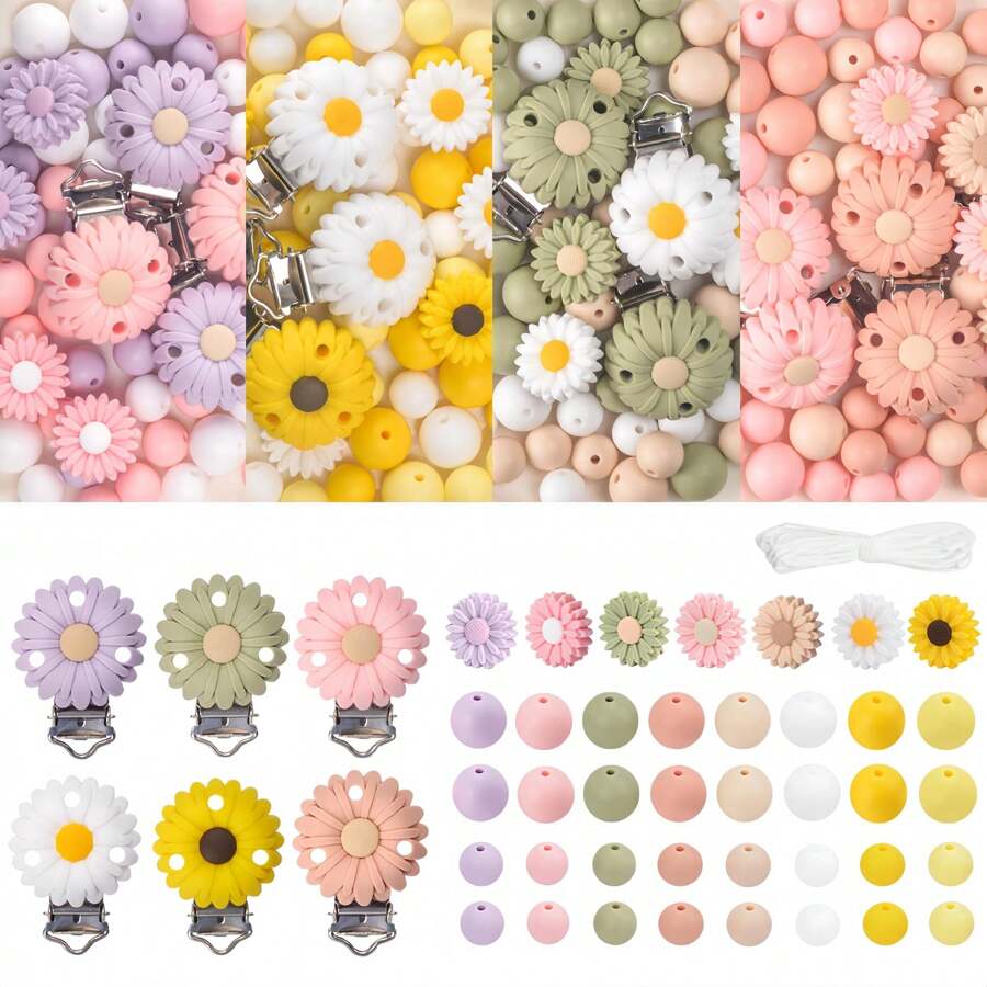 Set de 37 piezas de cuentas de margarita de silicona de moda con pinzas, kit de manualidades para hacer joyas, llaveros, pulseras, decoración de bolígrafos y correas para identificación - Un regalo perfecto para fiestas para mujeres, hombres y amantes de la artesanía
