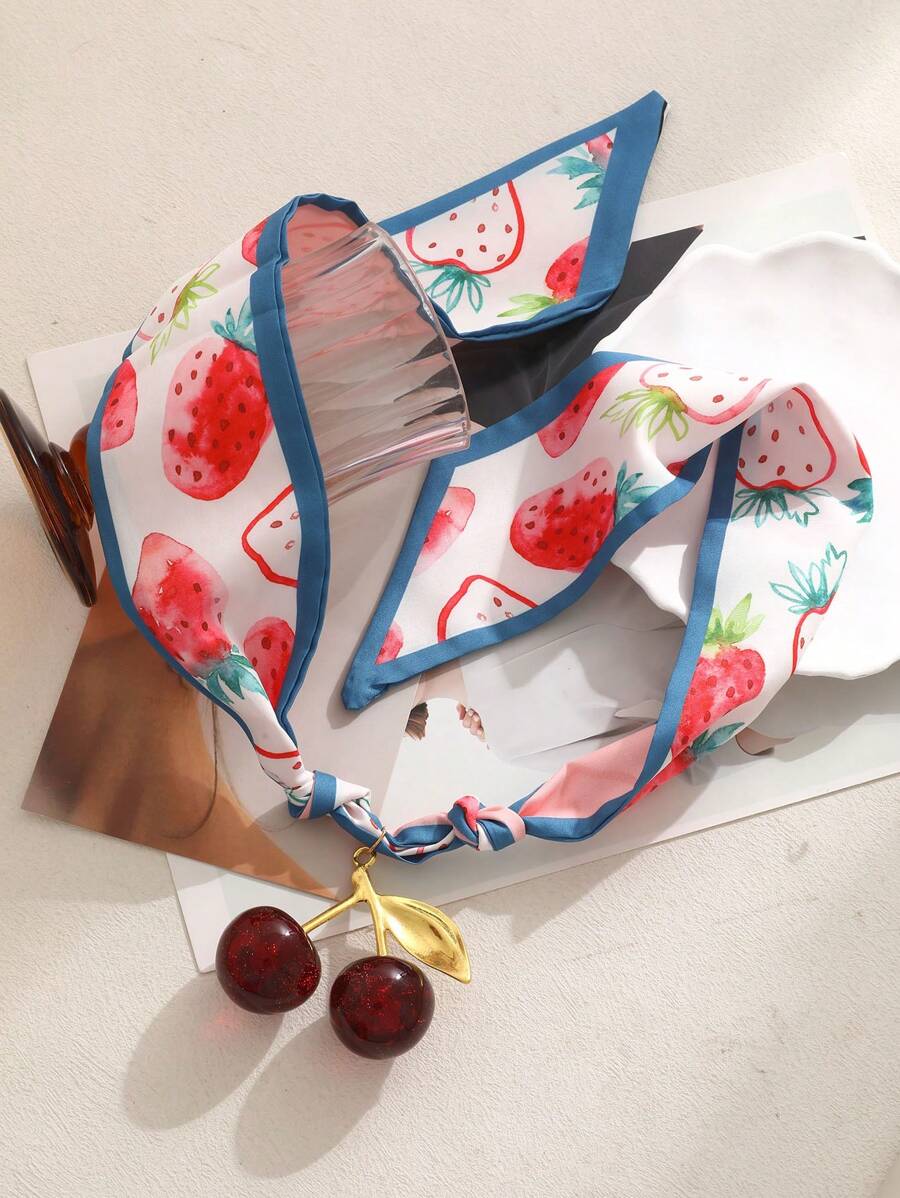 1pc Bohemian Style Creative Fashion Light Luxury Elegant Copper Cherry Printed Fabric Scarf Necklace Ladies Sister Couple Graduation Jewelry Gift, Suitable For Daily Dating Party Holiday Gift Summer Beach Vacation Wear