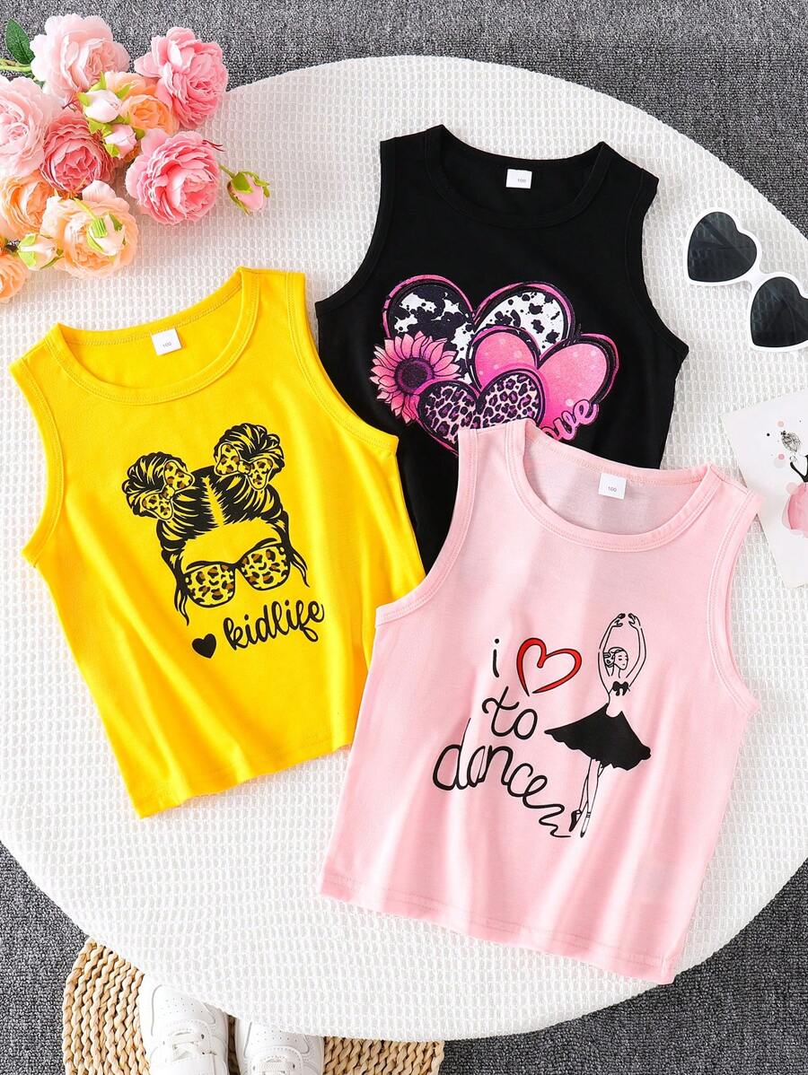 3 pezzi/set Canotte estive con stampa di cuori e ragazze per ragazze giovani, collo a giro, confezione casual multipack per bambine