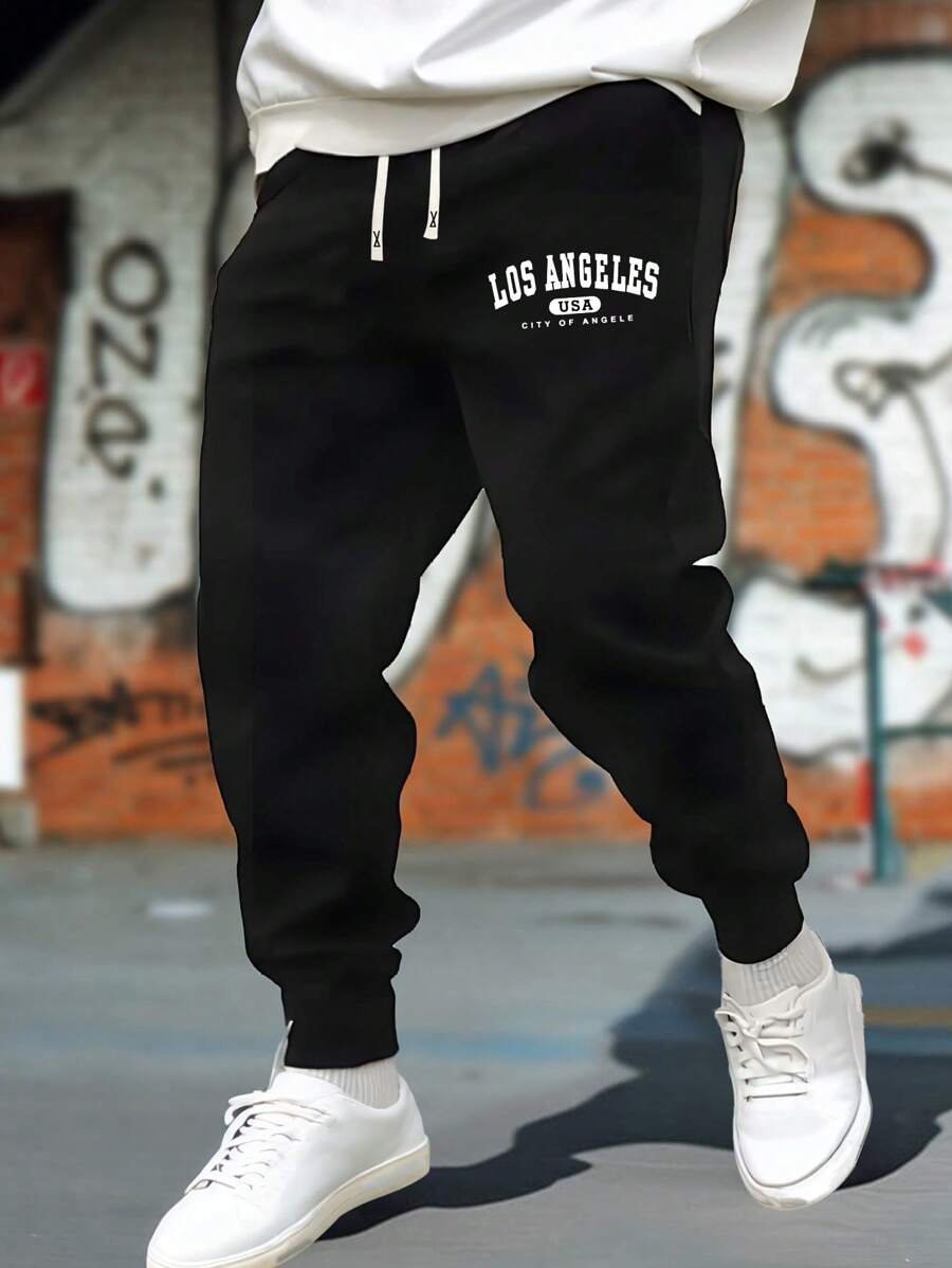 Pantalones casuales de corte suelto para hombre con estampado de letras, cintura con cordón y bolsillos, pantalones deportivos de ajuste regular, adecuados como regalo para novio o esposo, para primavera y otoño