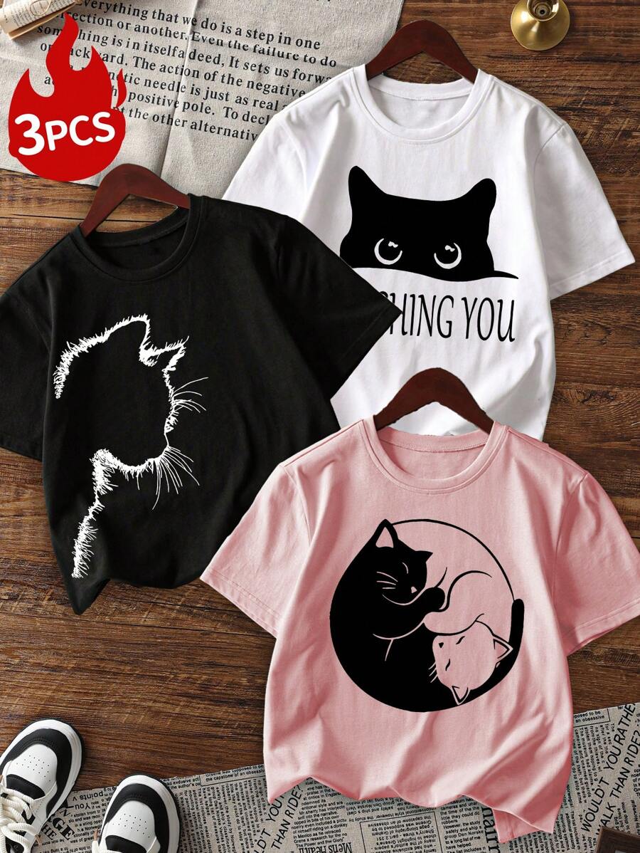 3 pezzi/hir Girocollo corto a T corto con stampa casual Girls', abbigliamento estivo per studenti giovani - Giroscopio colorato a trecce e felicità per ogni bambino!