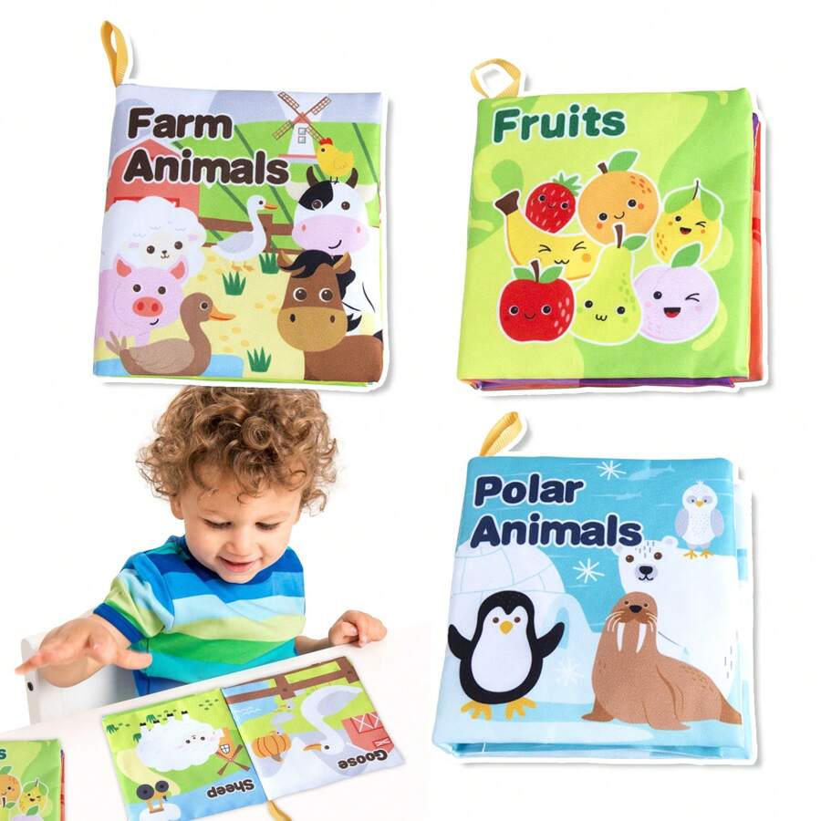 1 Packung Baby Stoffbücher - Weiche Sensorikbücher mit Tieren, Früchten für Babys 0-6 Monate - Lernbücher mit Knistereffekt