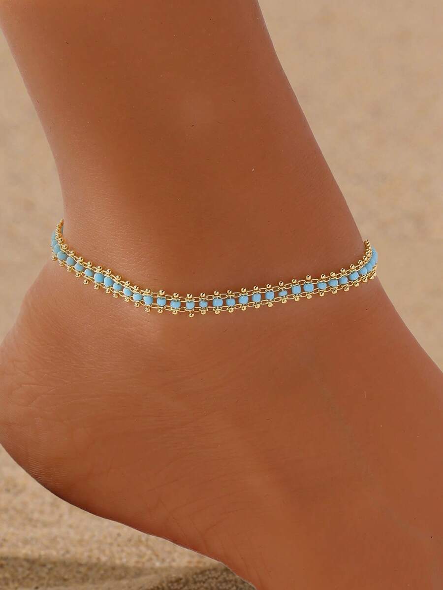 Bracelet de cheville à la mode bohème en perles de turquoise bleue en alliage de cuivre, chaîne pour les pieds, convient pour le port quotidien des femmes, vacances à la plage, fête, cadeau de vacances pour les filles