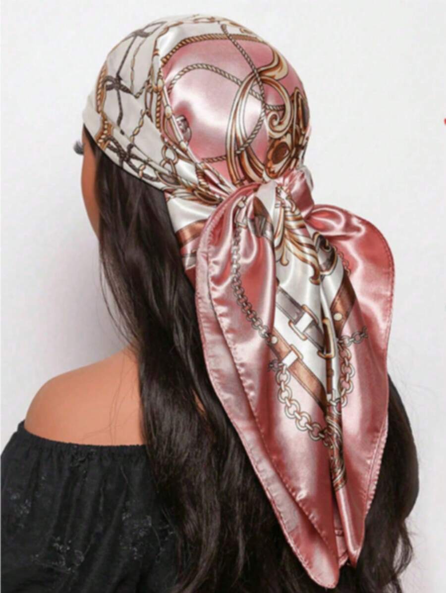 1 Stück Damen-Schal aus hellrosa bedrucktem Satin, quadratisch, aus Seide, modisches Stirnband für Outdoor, Haartuch, geeignet für die Frühlings- und Sommersaison
