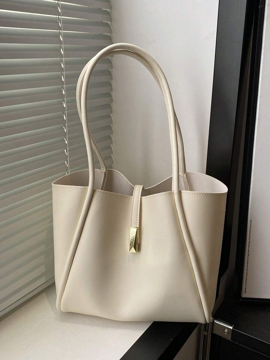 1pc Solid Color Metallic Decoration PU Leather Large Capacity Snap Button Minimalist Fashion Shoulder Tote Bag, Suitable For Women's Daily Use