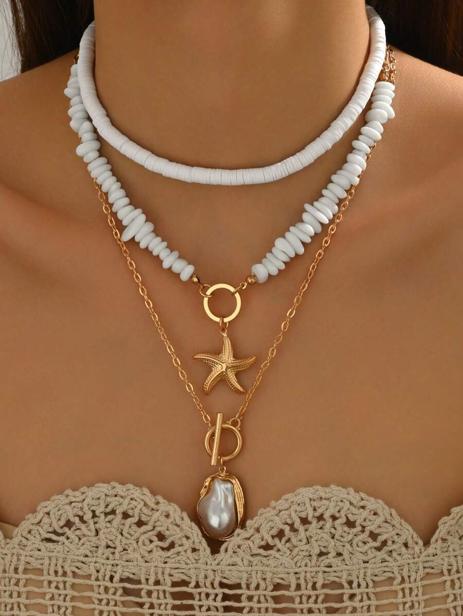 3pcs/Set Bohemian Style Minimalist Choker Necklace Set With Natural Stone, Alloy Starfish Pendant, Oversized Irregular Faux Pearl Pendant And Lobster Clasp, Suitable For Daily Wear, Vacation, Party