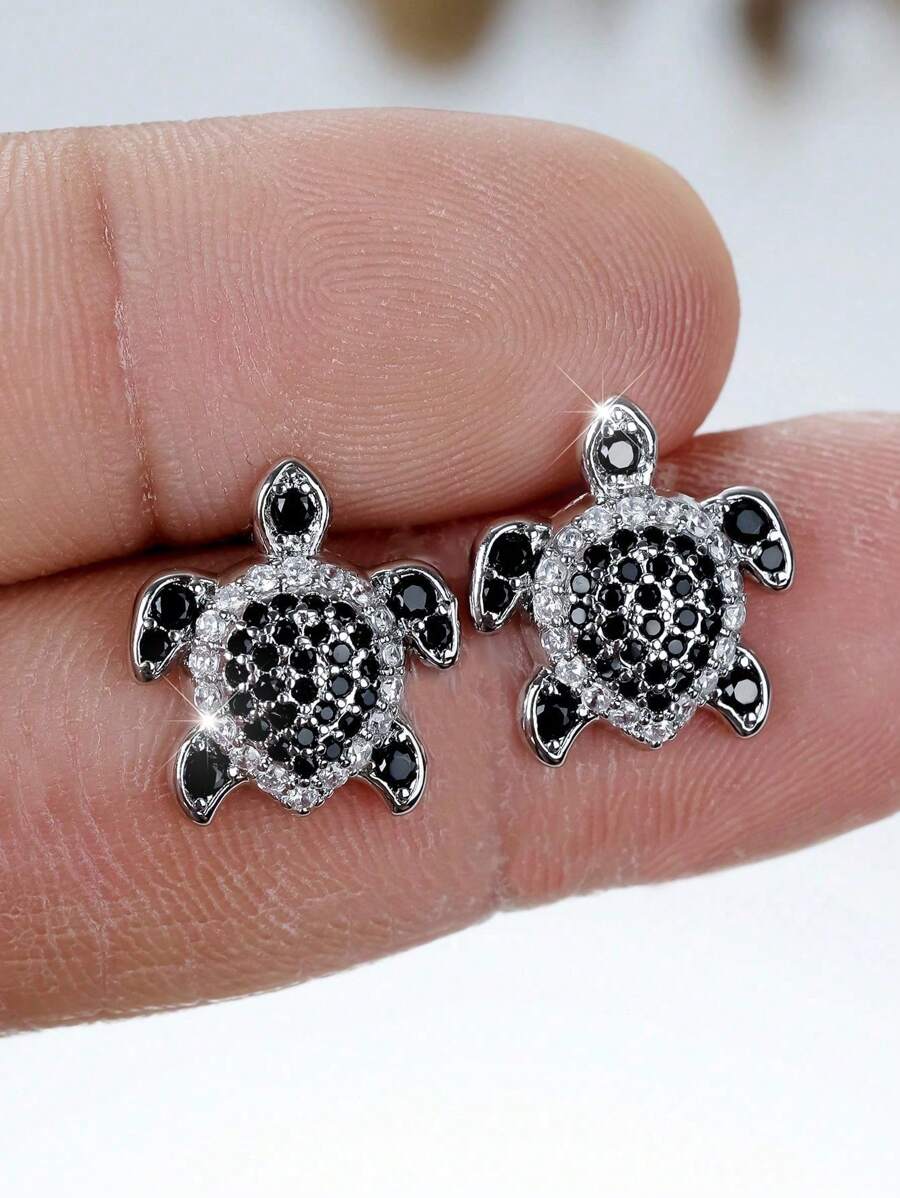 1 Pair Elegant Black And White Cubic Zirconia Turtle Stud Earrings Ocean Boho Beach Jewelry Cute Ear Studs Perfect For Party And Events Daily Wear Charm Gifts