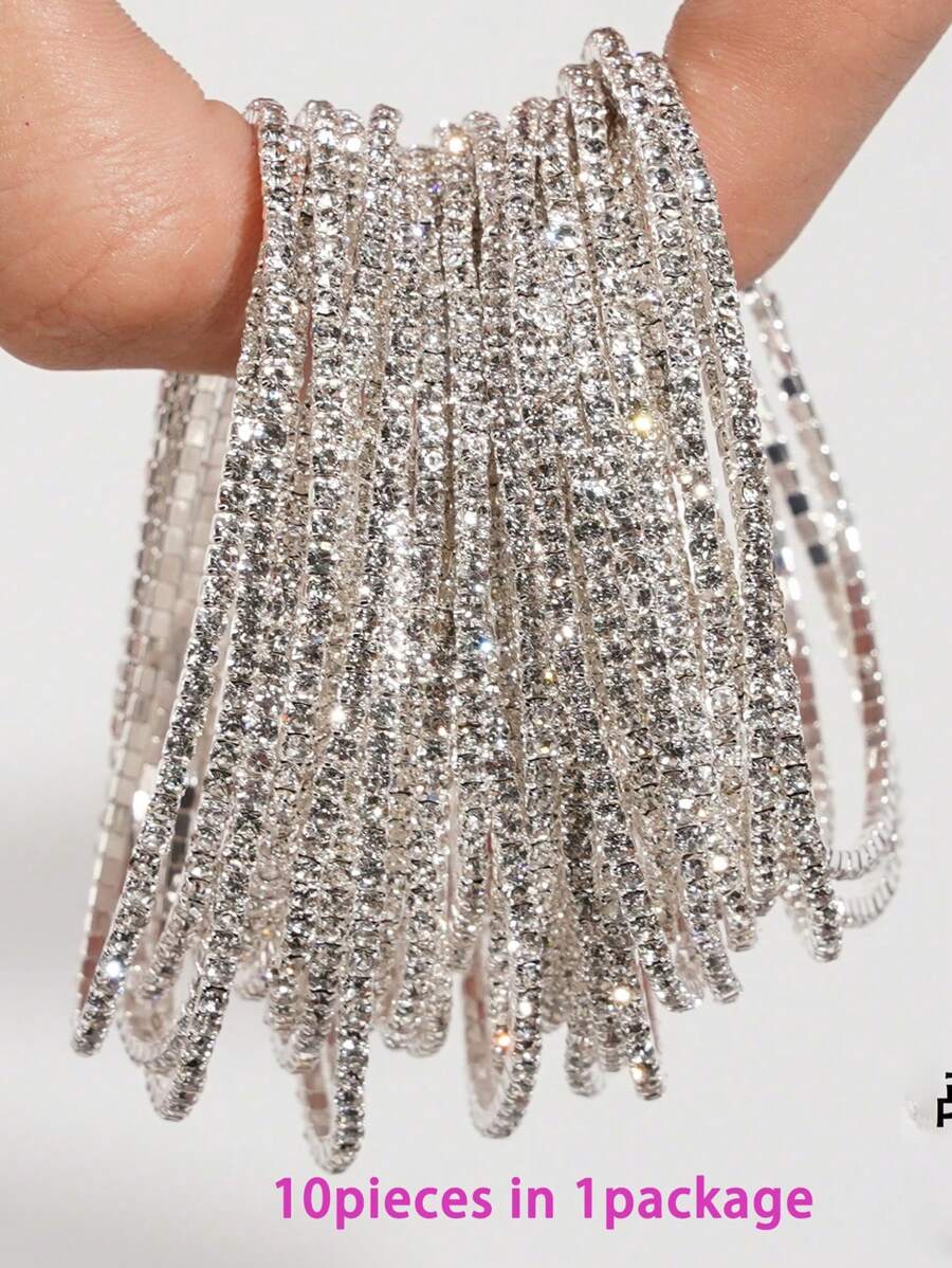 Set de 10 piezas/paquete Pulseras con Piedras Rhinestone, Pulseras elásticas clásicas de cristal multicolor, Joyas para Mujer