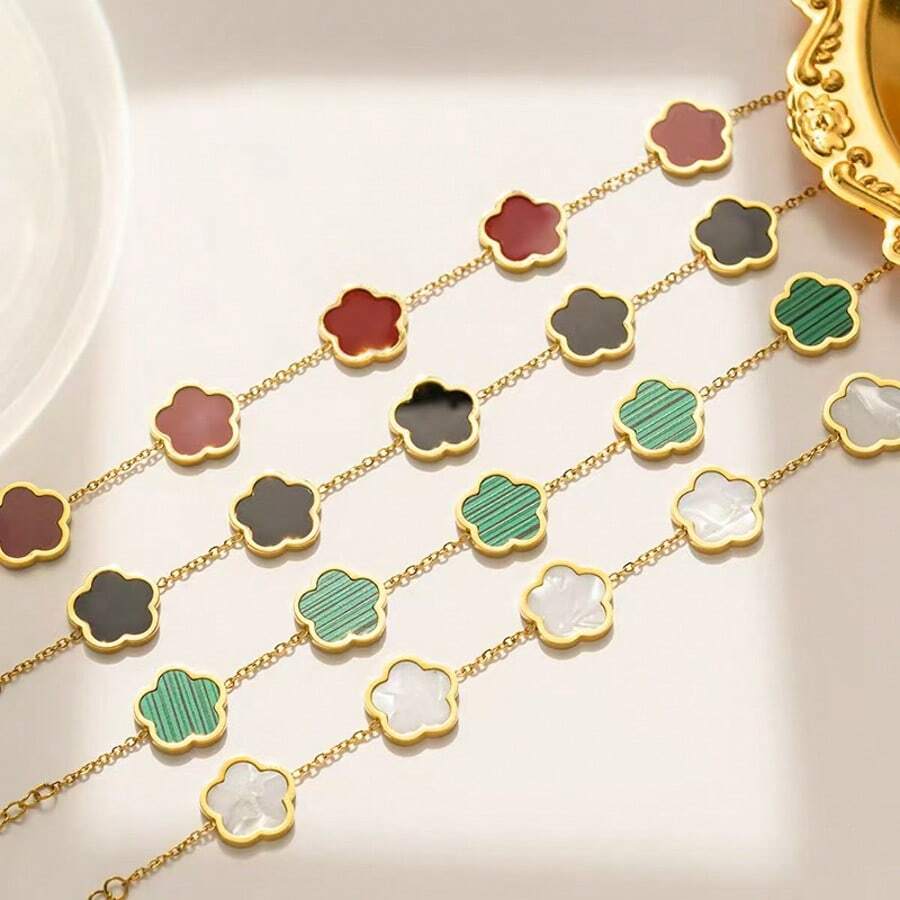 New Fashion Clover, Lucky 5-Leaf Titanium Steel 18k Gold Plated Bracelet Set In Black/Red/White/Green. Symbol Of Luck, Gift For Friends, Wife, Beloved Mother
