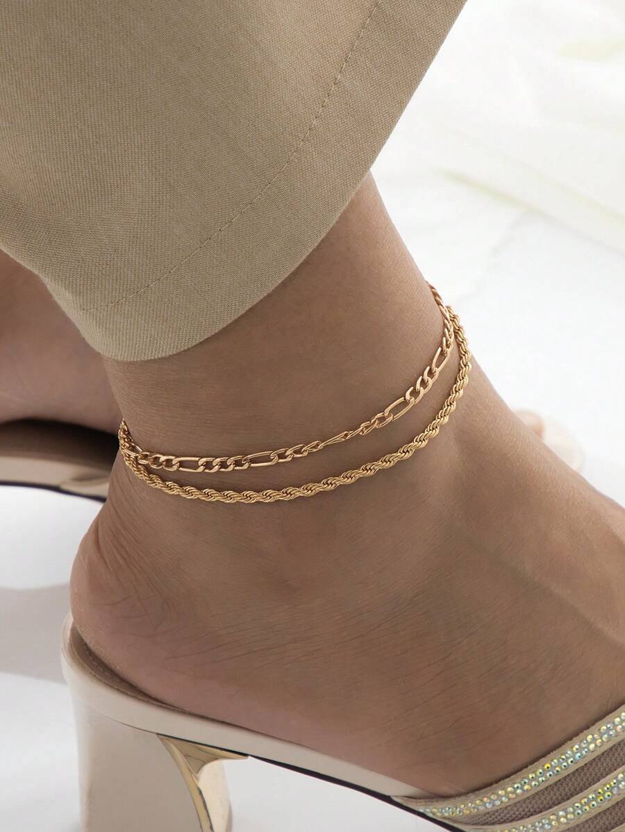 2er Set minimalistische geflochtene Ketten Knöchelkettchen, mehrlagiger Fuß Schmuck für Frauen zum Tragen am Strand