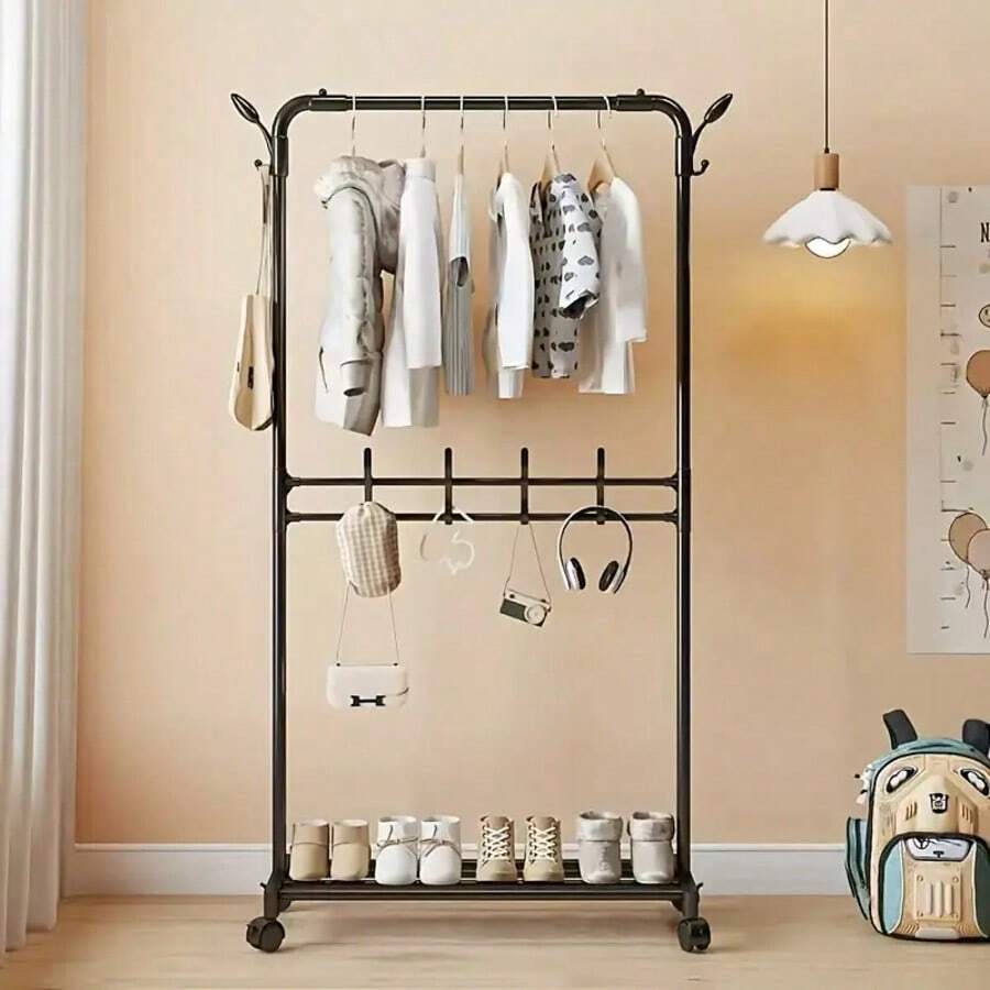 Double Layer Clothes Hanger, Large Capacity Multifunctional Bedroom Clothes Hanger, Portable Coat Rack, Vertical Clothes Hanger, Easy To Assemble, Convenient To Move, Suitable For Bedroom, Living Room And Clothing Store Display