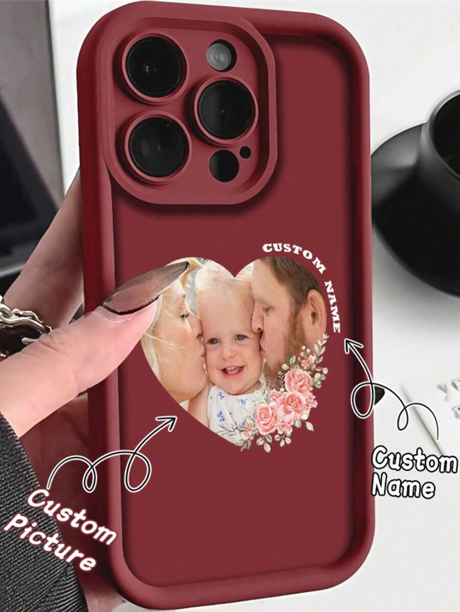 1pc Customized TPU Phone Case With Personalized Photo/Text, Compatible With IPhone 16/16Promax/15/14/11Promax/Xr/7plus/13pro/12promax/11, Unique Heart-Shaped, Couple/Family Photo, Floral, Minimalist Design, Protective Cover