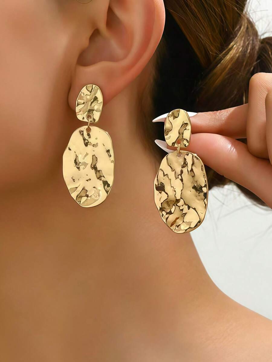 1 Pair Metal Textured Oval Layered Vintage Modern Geometric Drop Earrings, Exaggerated Design, Lightweight Luxury Accessories, Metal Texture