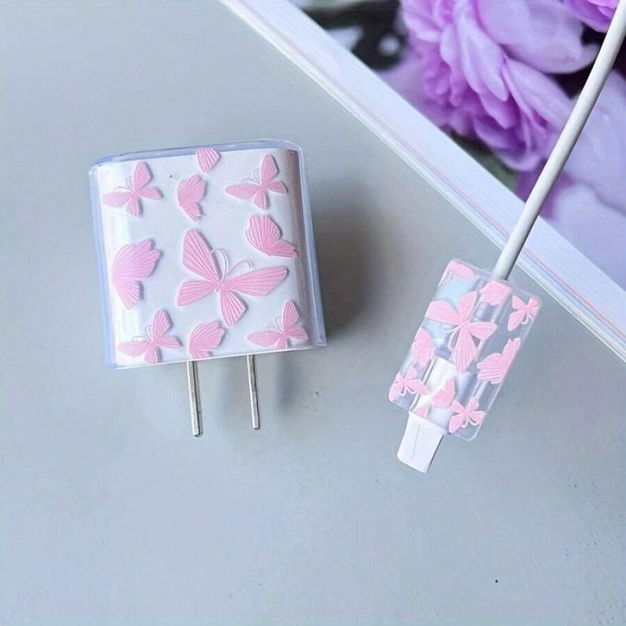 2pcs Butterfly Protective Case For IPhone 14 Pro Max, 13, 12, 11 Chargers - TPU Cable Protector With Coil Winder, Compatible With 18/20W Fast Charging Adapter - Durable Anti-Fraying Cable Management Box - Ideal Gift For Couples