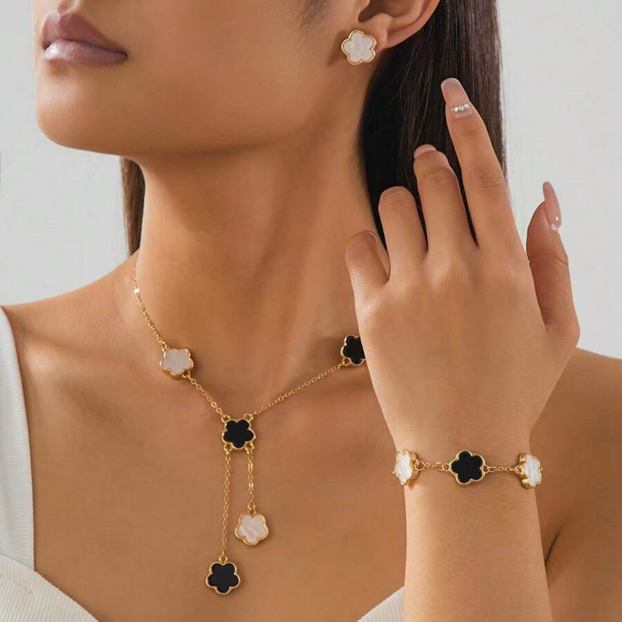 1 Set Modisch & elegant Damen Metall-Schmuckset mit 5-Blatt Klee Design, vielseitig einsetzbar