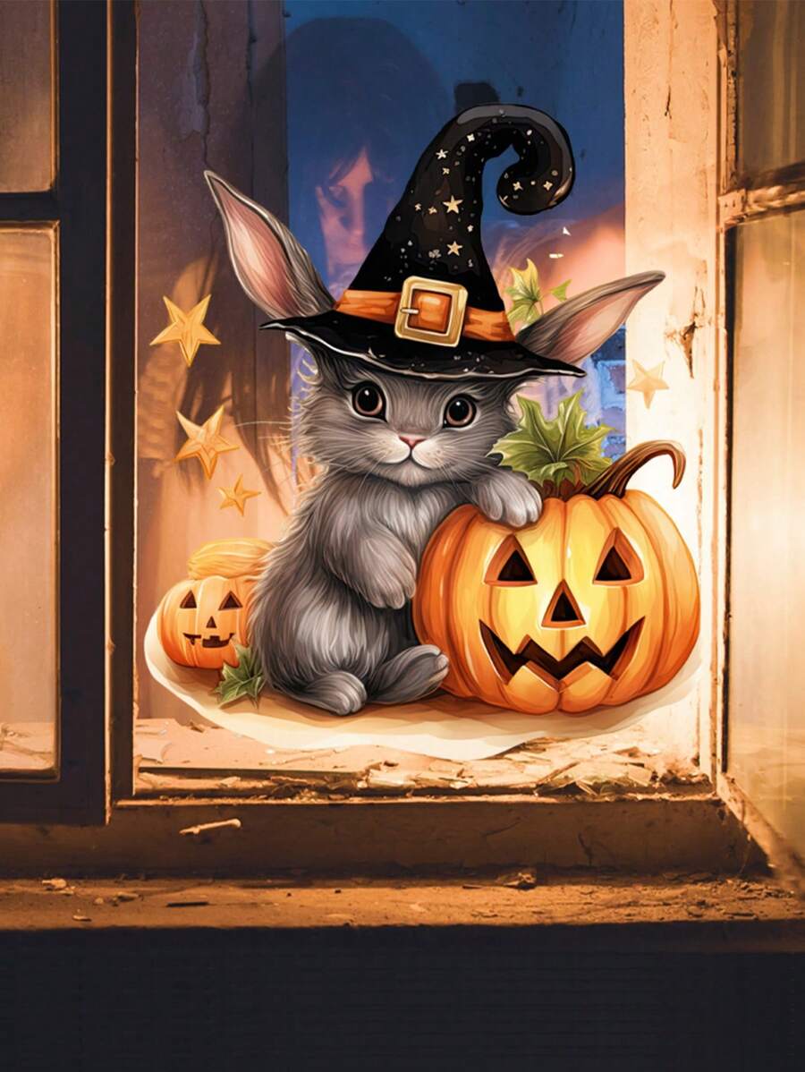 1 Stück Halloween Fenstersticker, Cartoon Tier Wohnzimmer Sticker, Hase und Kalb Schlafzimmer Sticker, süßer Stil Türsticker, Heimdekoration