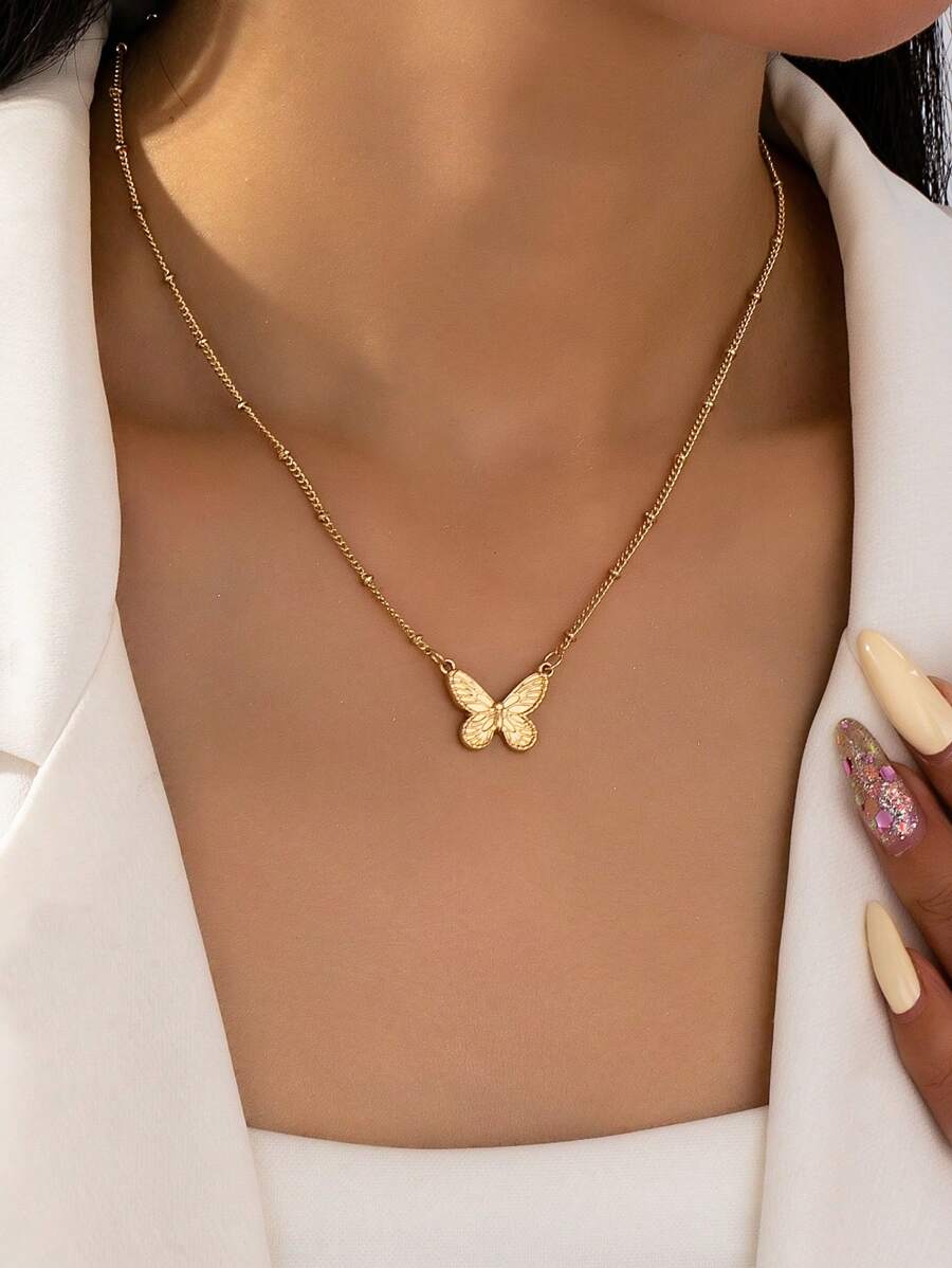 1 Stück 3D Schmetterling Skelett Anhänger Halskette, minimalistische Mode Stahlkette Halskette, Edelstahl Schmuck für Frauen Party und tägliche Dekoration
