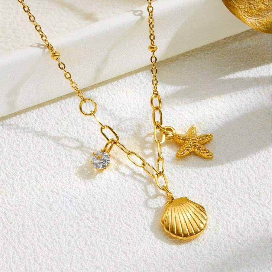 Maldives Style Shell Claw Rhinestone Starfish Short Necklace, Titanium Steel Gold-Plated