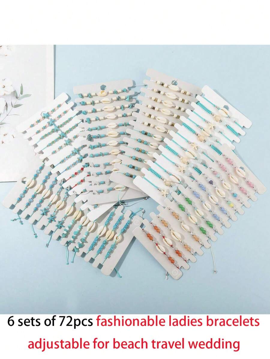 6 Sets Of 72pcs/2 Sets Of 24pcs/1 Sets Of 12pcs Fashionable Charm Ocean Elements Shell Starfish Beads Bracelet Jewelry, Suitable For Couples, Adjustable Bracelet & Anklet, Suitable For Daily, Beach, Travel, Wedding, Gift